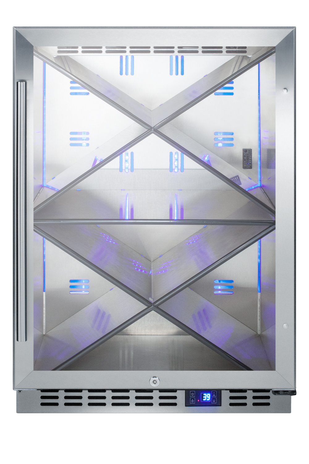 Built-in outdoor commercially listed wine cellar with stainless steel interior, diamond style shelving, digital controls, and stainless steel cabinet
